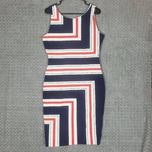 Daniel Cremieux Dress L Red White Navy Blue Sheath Body Con - see description